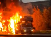 Huge mushroom cloud engulfs motorway after lorry catches FIRE – as drivers hit by long delays